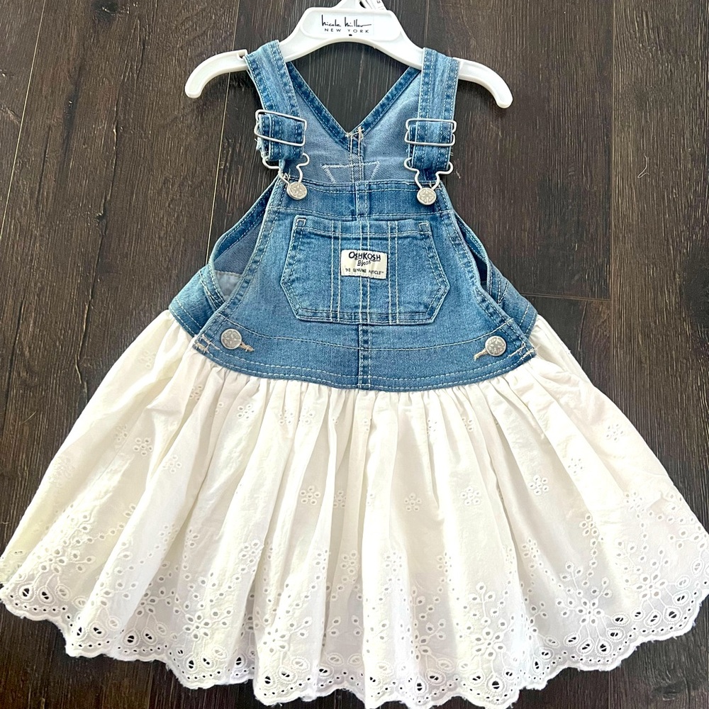 OshKosh B'gosh Denim Blue Overall Dress with White Eyelet Skirt